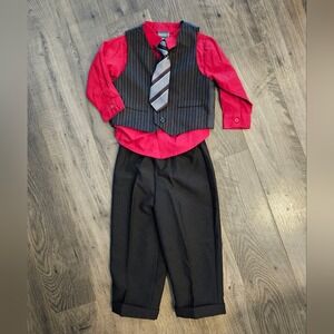 Boy's 24M Perry Ellis Portfolio 4 Piece Red Shirt Black Vest Striped Tie Formal